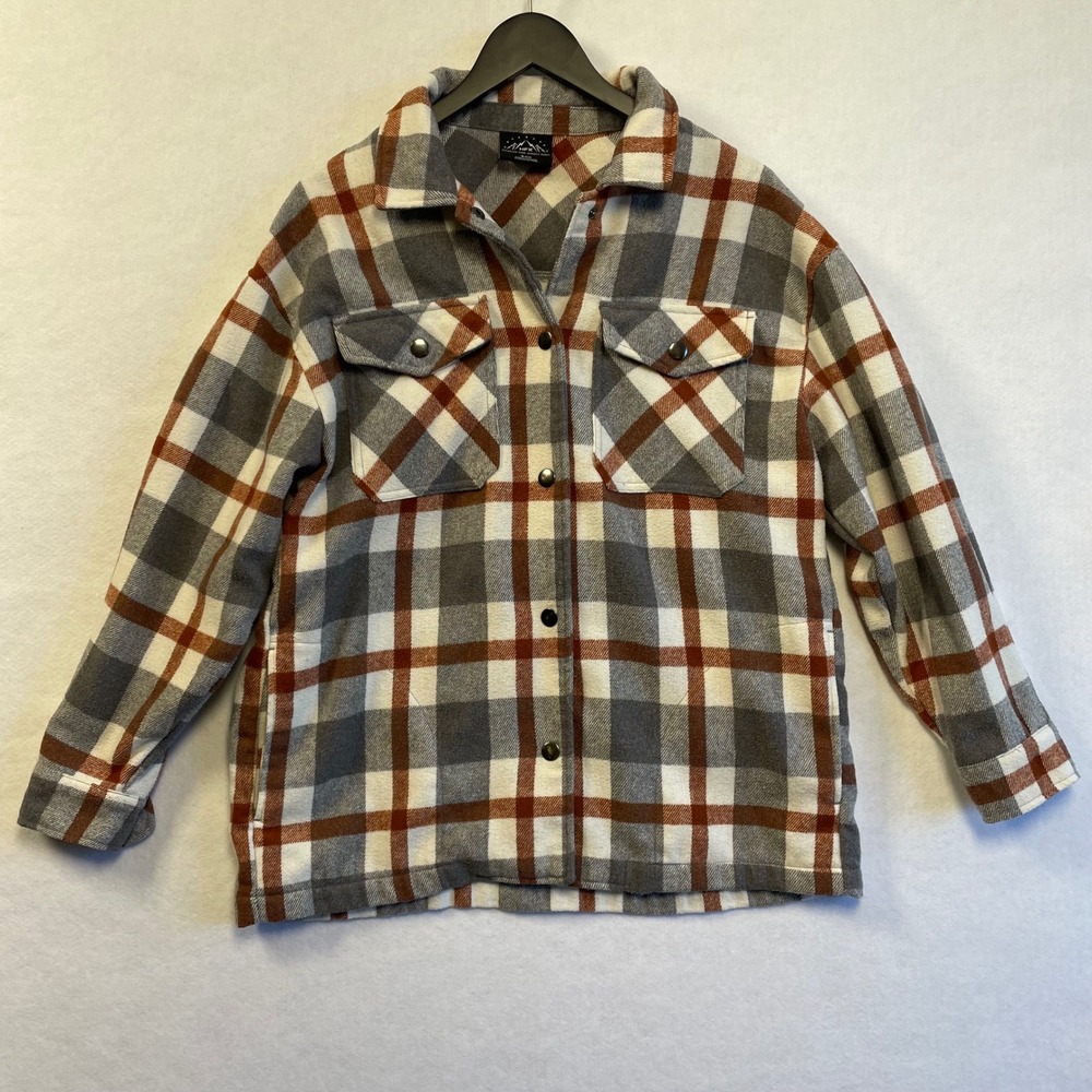 HFX Plaid Flannel Snap Shacket Shirt Jacket Rust‎ Gray Mens Size S